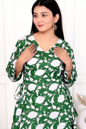 Green floral hand block printed cotton kurta pant set