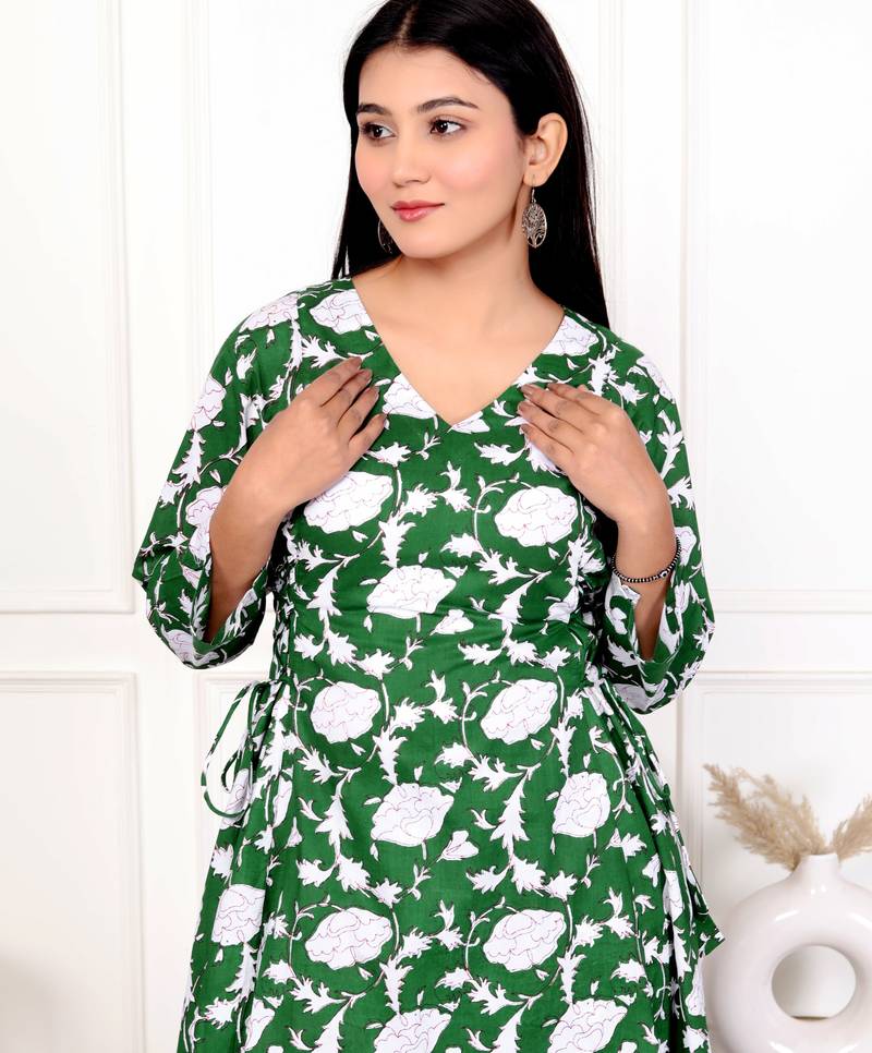 Green floral hand block printed cotton kurta pant set