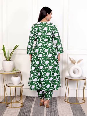 Green floral hand block printed cotton kurta pant set 5
