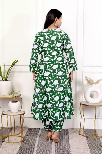 Green floral hand block printed cotton kurta pant set