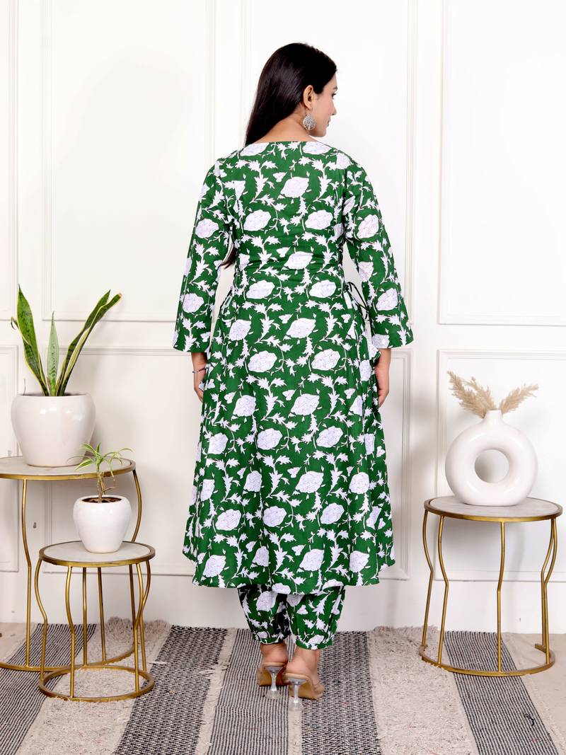 Green floral hand block printed cotton kurta pant set