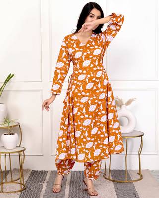 Peach floral hand block printed cotton kurta pant set 2