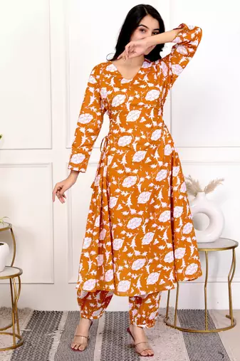 Peach floral hand block printed cotton kurta pant set