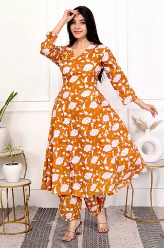 Peach floral hand block printed cotton kurta pant set