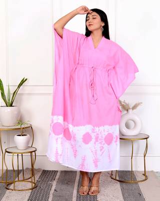 Pink tie & dye white cotton kaftaan 1