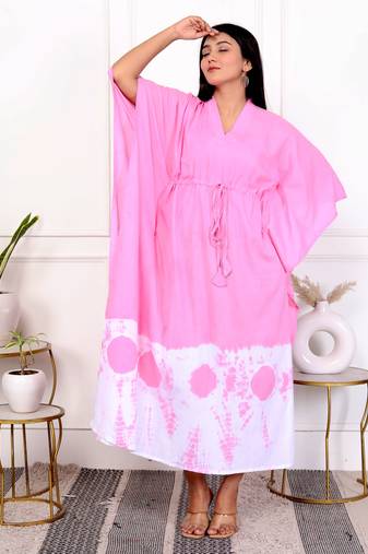 Pink tie & dye white cotton kaftaan