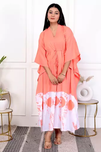 Peach tie & dye white cotton kaftaan