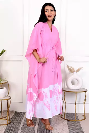 Pink tie & dye white cotton kaftaan