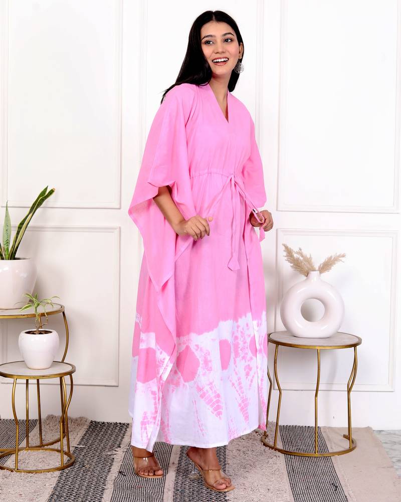 Pink tie & dye white cotton kaftaan