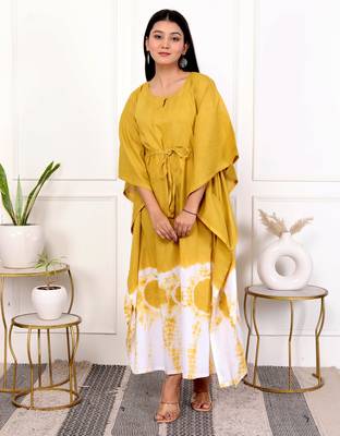 Mustard yellow tie & dye white cotton kaftaan 1