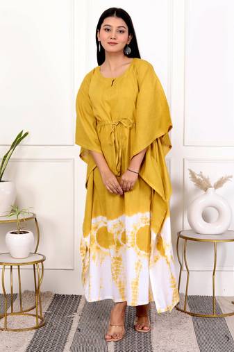 Mustard yellow tie & dye white cotton kaftaan