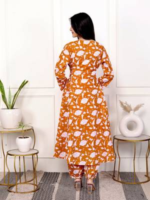 Peach floral hand block printed cotton kurta pant set 5