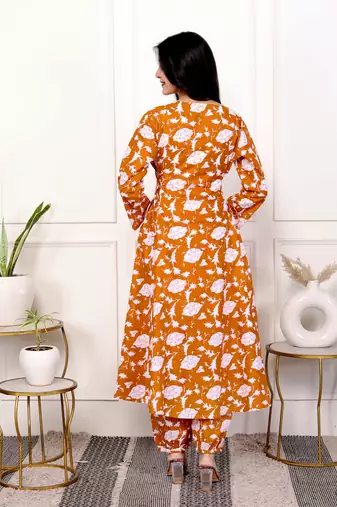 Peach floral hand block printed cotton kurta pant set