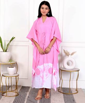 Pink tie & dye white cotton kaftaan 3