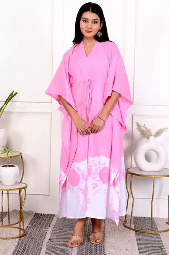 Pink tie & dye white cotton kaftaan