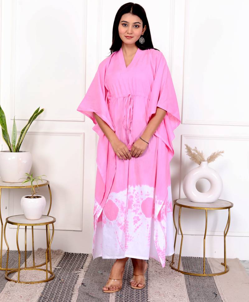 Pink tie & dye white cotton kaftaan