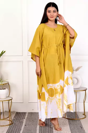 Mustard yellow tie & dye white cotton kaftaan