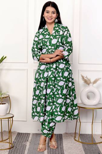 Green floral hand block printed cotton kurta pant set