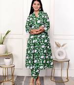 Green floral hand block printed cotton kurta pant set