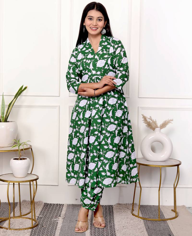 Green floral hand block printed cotton kurta pant set
