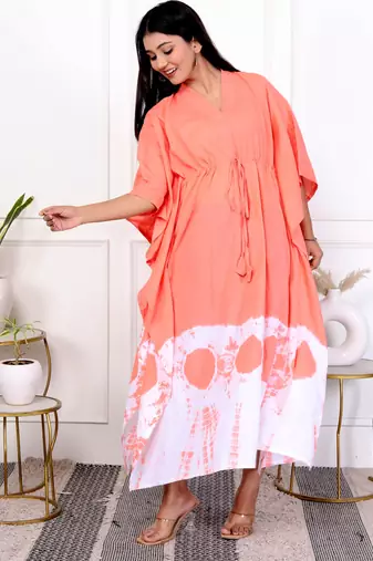 Peach tie & dye white cotton kaftaan