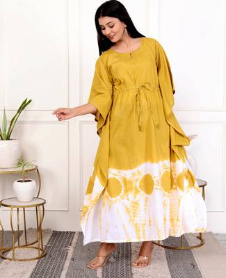 Mustard yellow tie & dye white cotton kaftaan 3