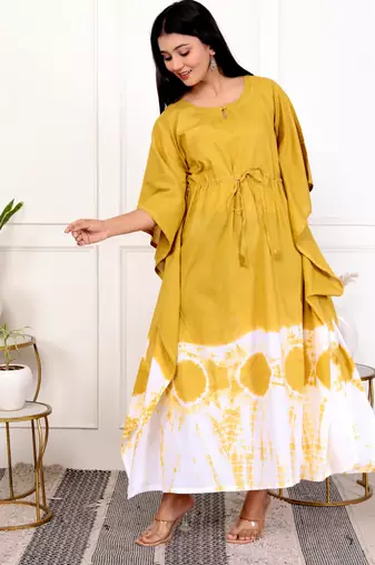 Mustard yellow tie & dye white cotton kaftaan