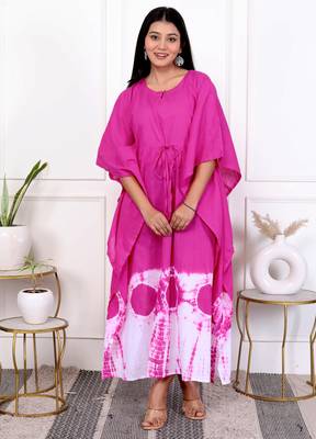 Pink magenta tie & dye white cotton kaftaan 1