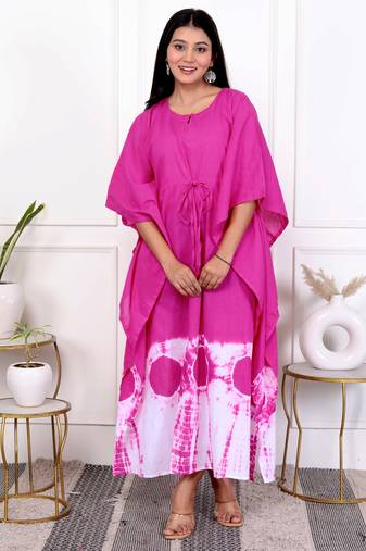 Pink magenta tie & dye white cotton kaftaan
