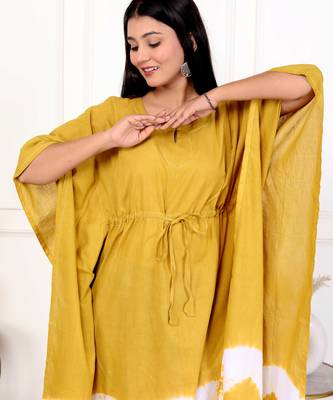 Mustard yellow tie & dye white cotton kaftaan 4