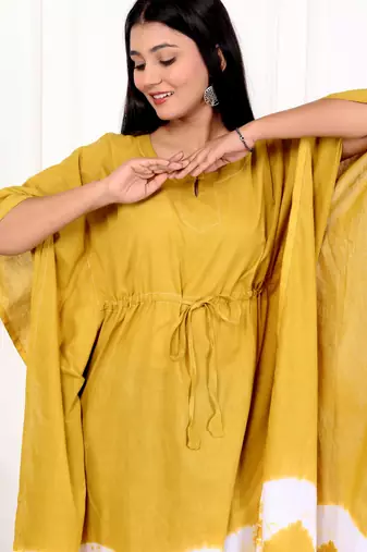 Mustard yellow tie & dye white cotton kaftaan