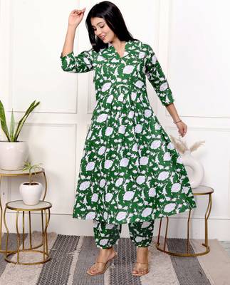 Green floral hand block printed cotton kurta pant set 2