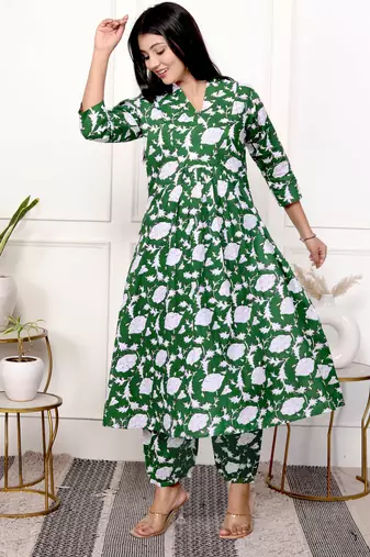 Green floral hand block printed cotton kurta pant set