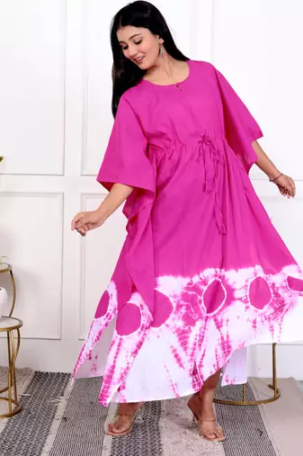 Pink magenta tie & dye white cotton kaftaan