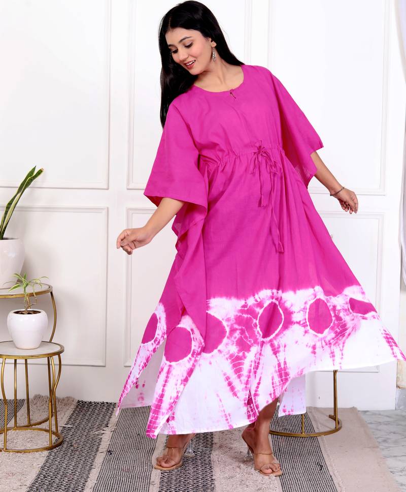 Pink magenta tie & dye white cotton kaftaan
