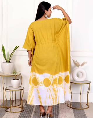 Mustard yellow tie & dye white cotton kaftaan 5