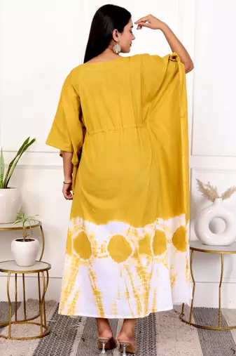 Mustard yellow tie & dye white cotton kaftaan