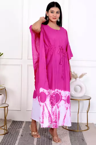 Pink magenta tie & dye white cotton kaftaan