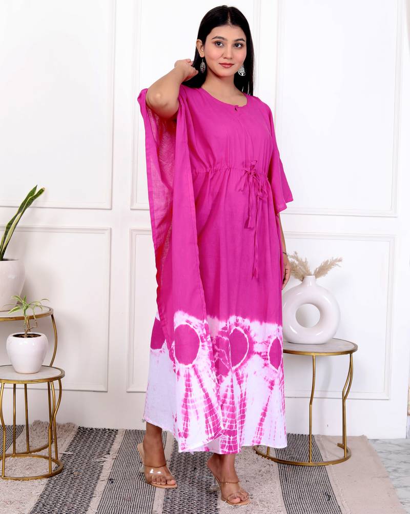 Pink magenta tie & dye white cotton kaftaan