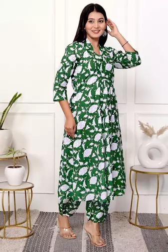 Green floral hand block printed cotton kurta pant set