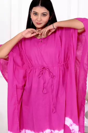 Pink magenta tie & dye white cotton kaftaan