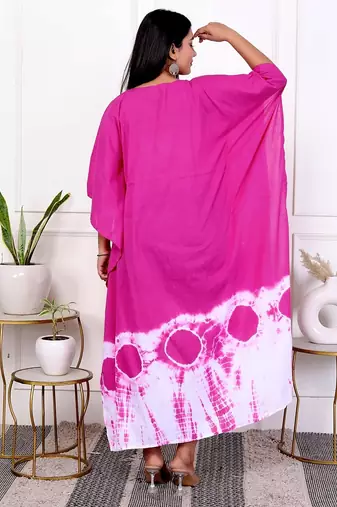 Pink magenta tie & dye white cotton kaftaan