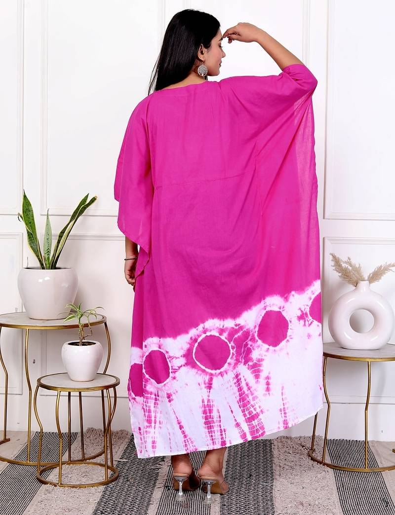 Pink magenta tie & dye white cotton kaftaan