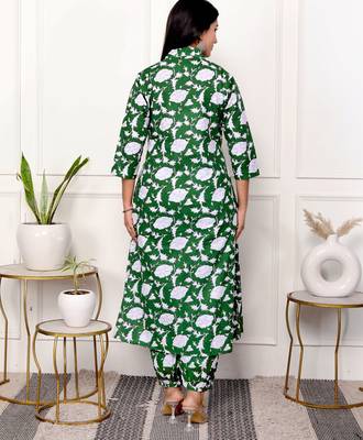 Green floral hand block printed cotton kurta pant set 5