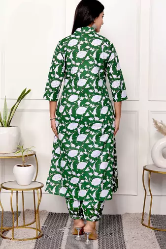 Green floral hand block printed cotton kurta pant set