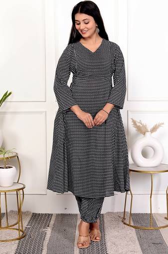 Black hand block printed cotton kurta pant set