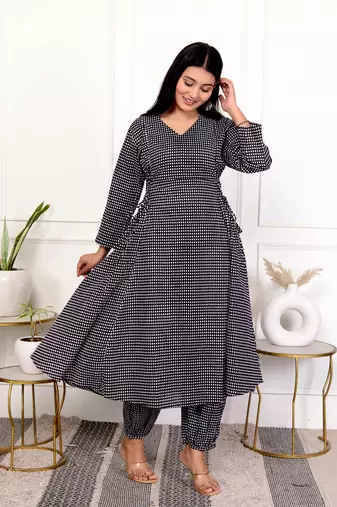 Black hand block printed cotton kurta pant set
