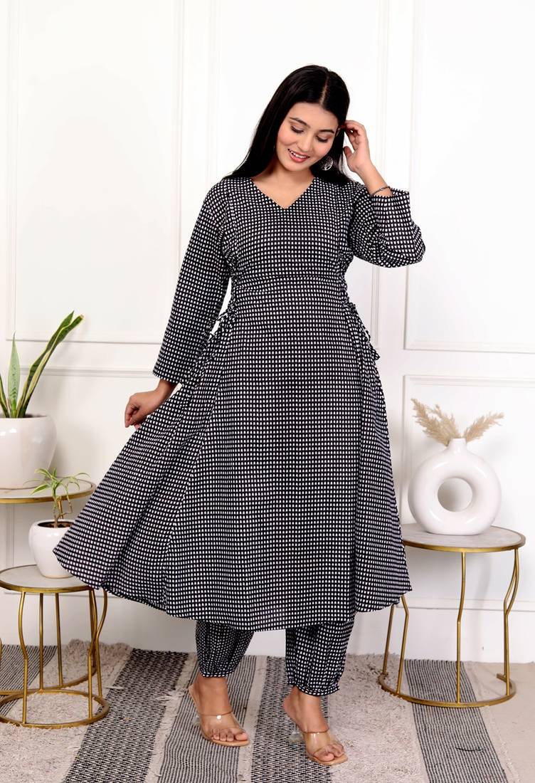 Black hand block printed cotton kurta pant set