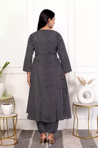 Black hand block printed cotton kurta pant set