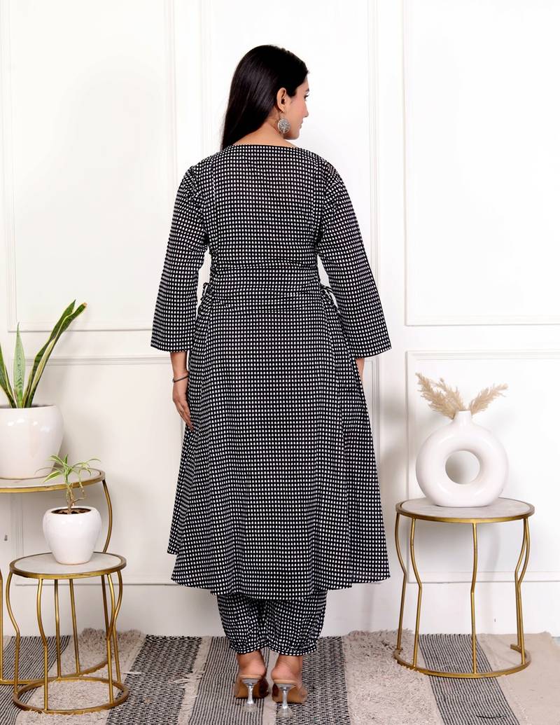 Black hand block printed cotton kurta pant set